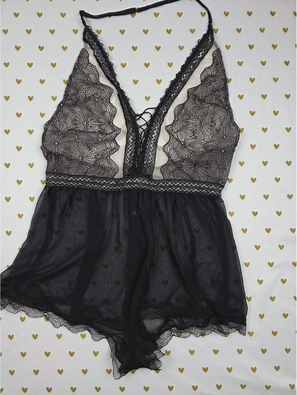Victorias Secret Black Sexy Sleep ROMPER Lingerie Nightie Black Sheer Lace SMALL